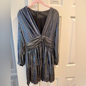 Zara Shimmering Silver Long Puff Sleeve Dress